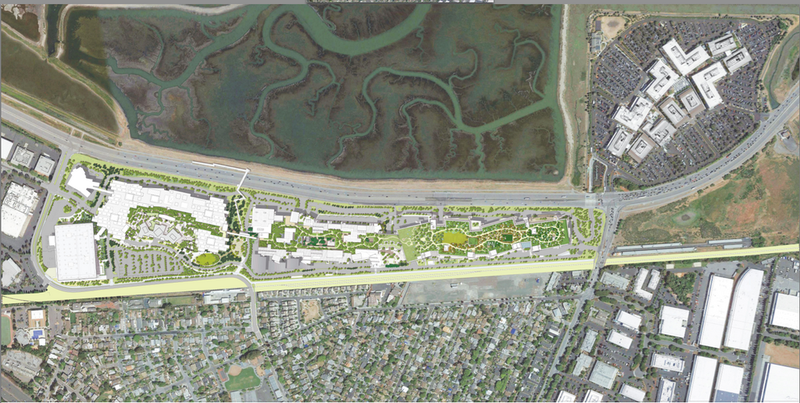 The illustrated white buildings to the left are the proposed second phase of the Gehry-designed complex, with the green roof of the new building to their right, and the old Facebook HQ to the far upper right corner